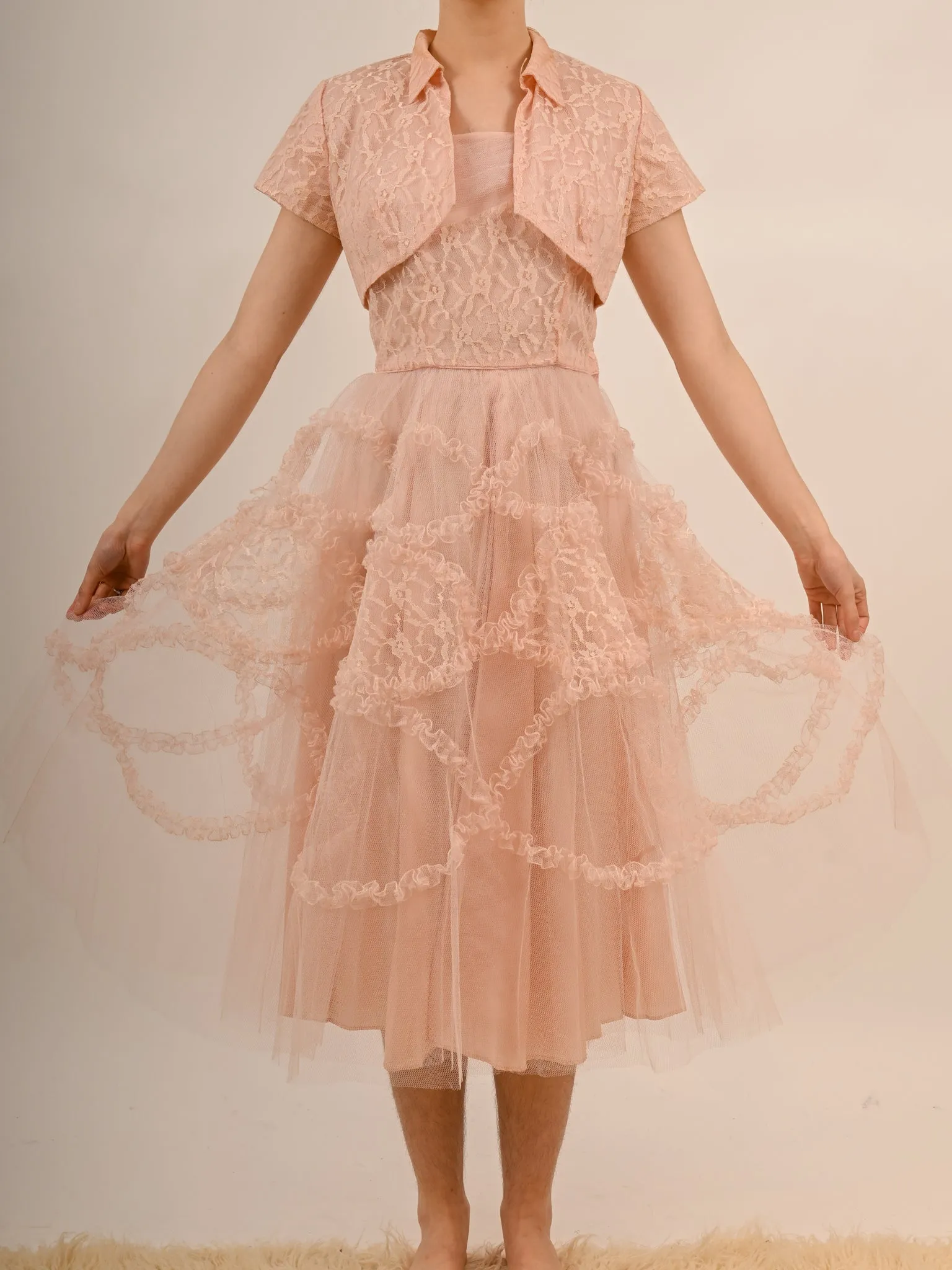 1950s Bubblegum Pink Tulle Barbie Prom Gown with Matching Bolero