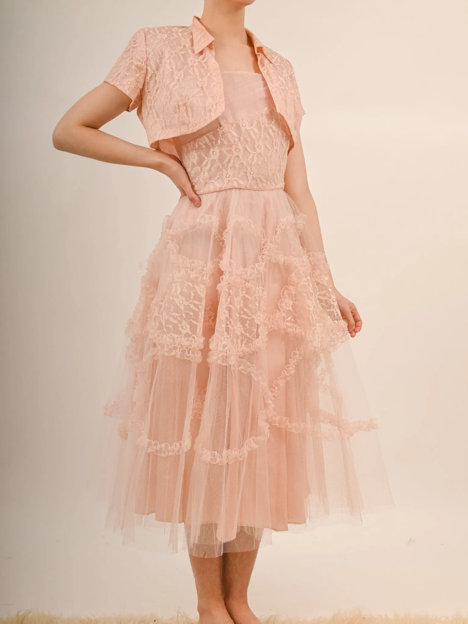 1950s Bubblegum Pink Tulle Barbie Prom Gown with Matching Bolero