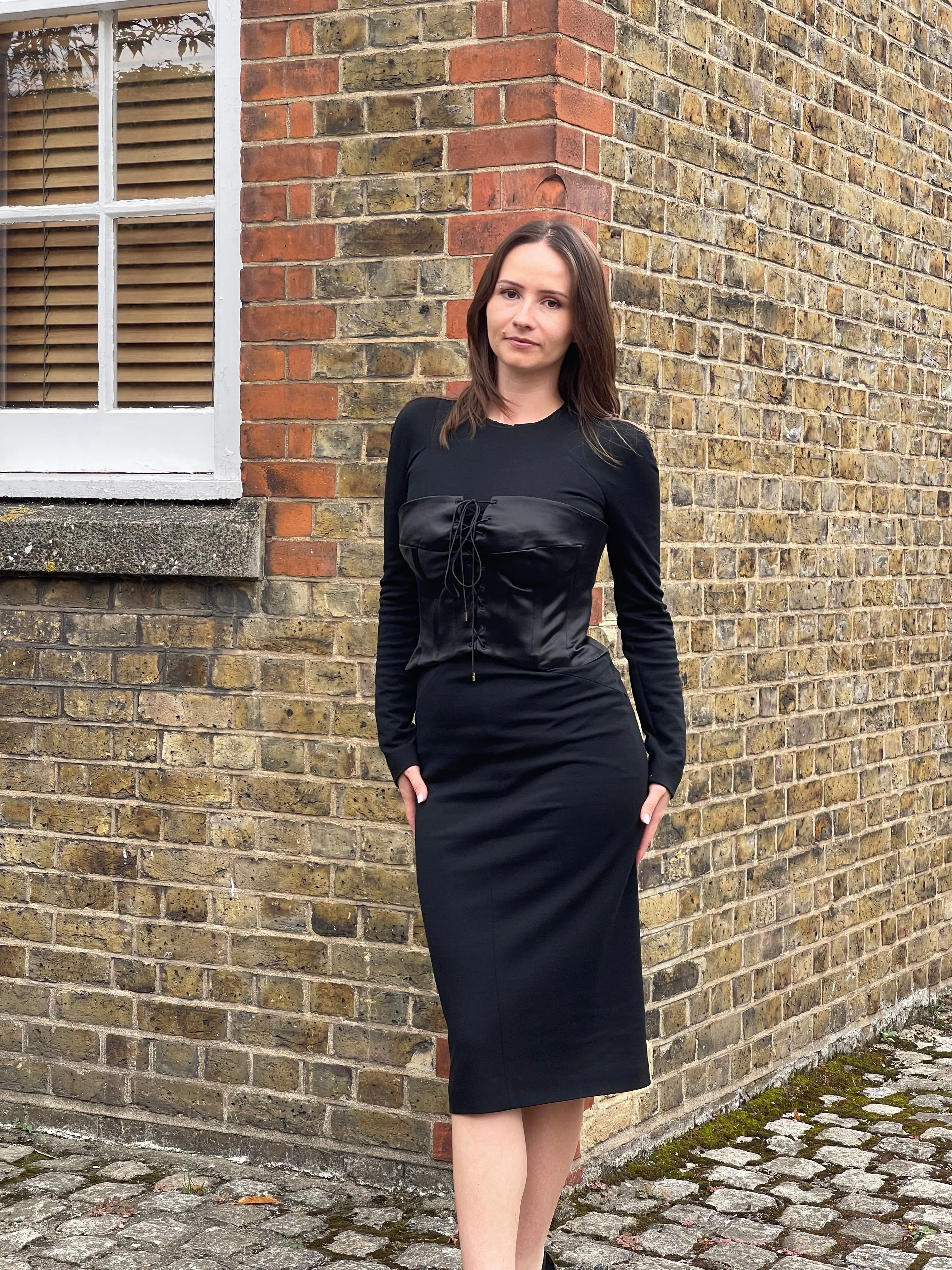 2011 Tom Ford Black Jersey Wool and Satin Corset Dress