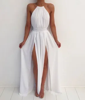 A Line High Neck Backless White Prom Dresses, White Formal Dresses, Backless Bridesmaid Dresses