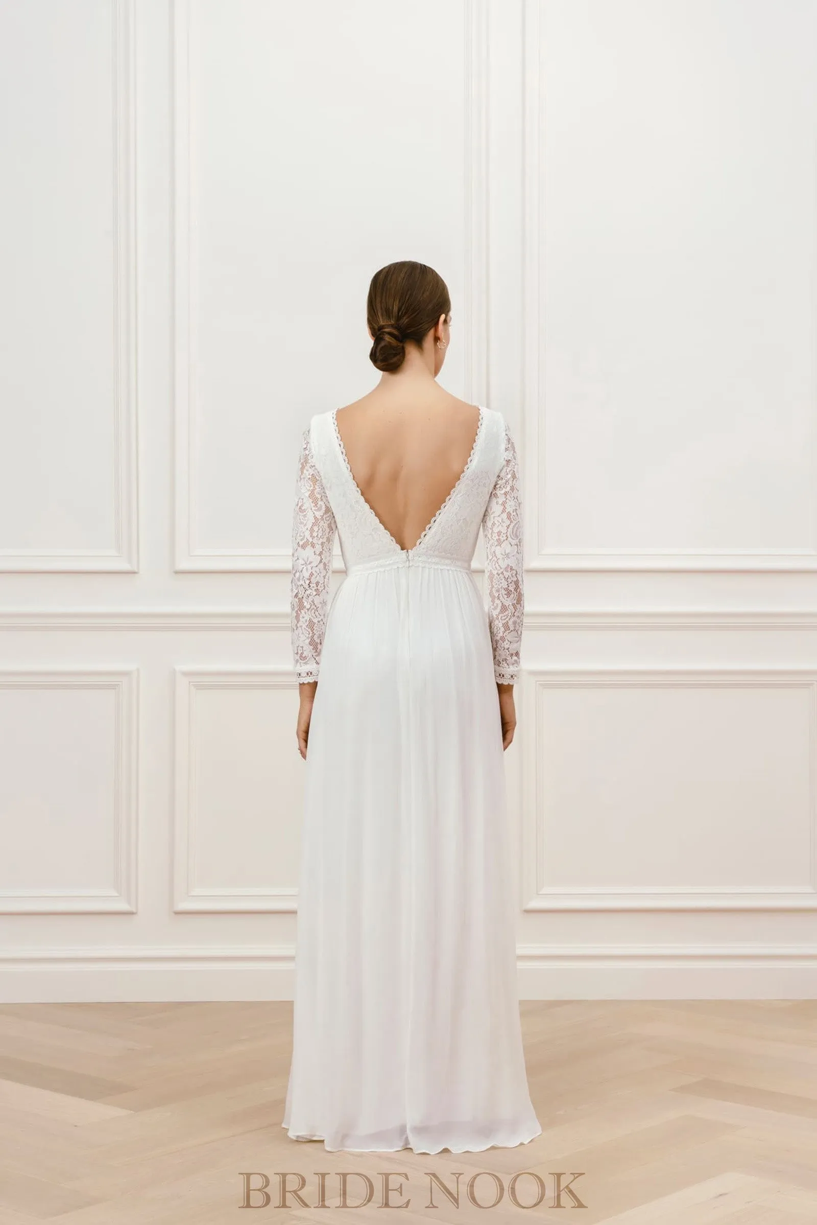 A-Line long Sleeves Boat Neck Lace Wedding Dress With Open Back