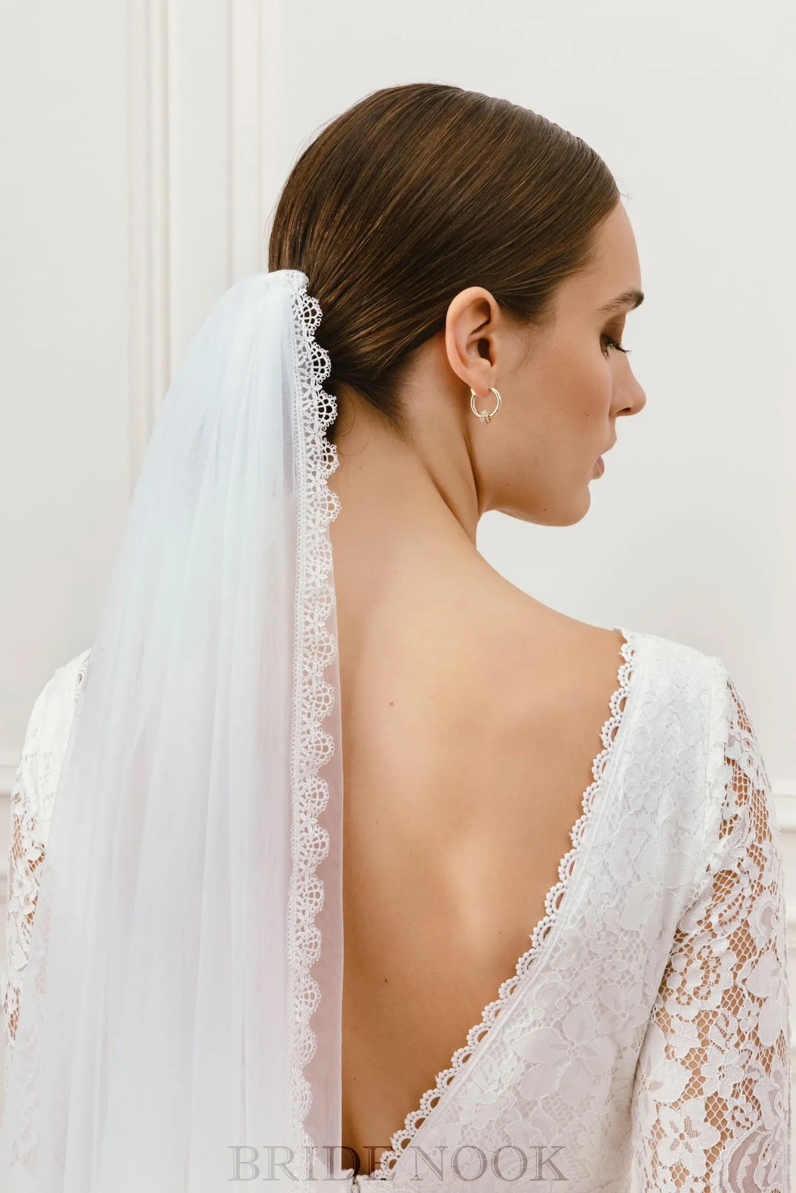 A-Line long Sleeves Boat Neck Lace Wedding Dress With Open Back