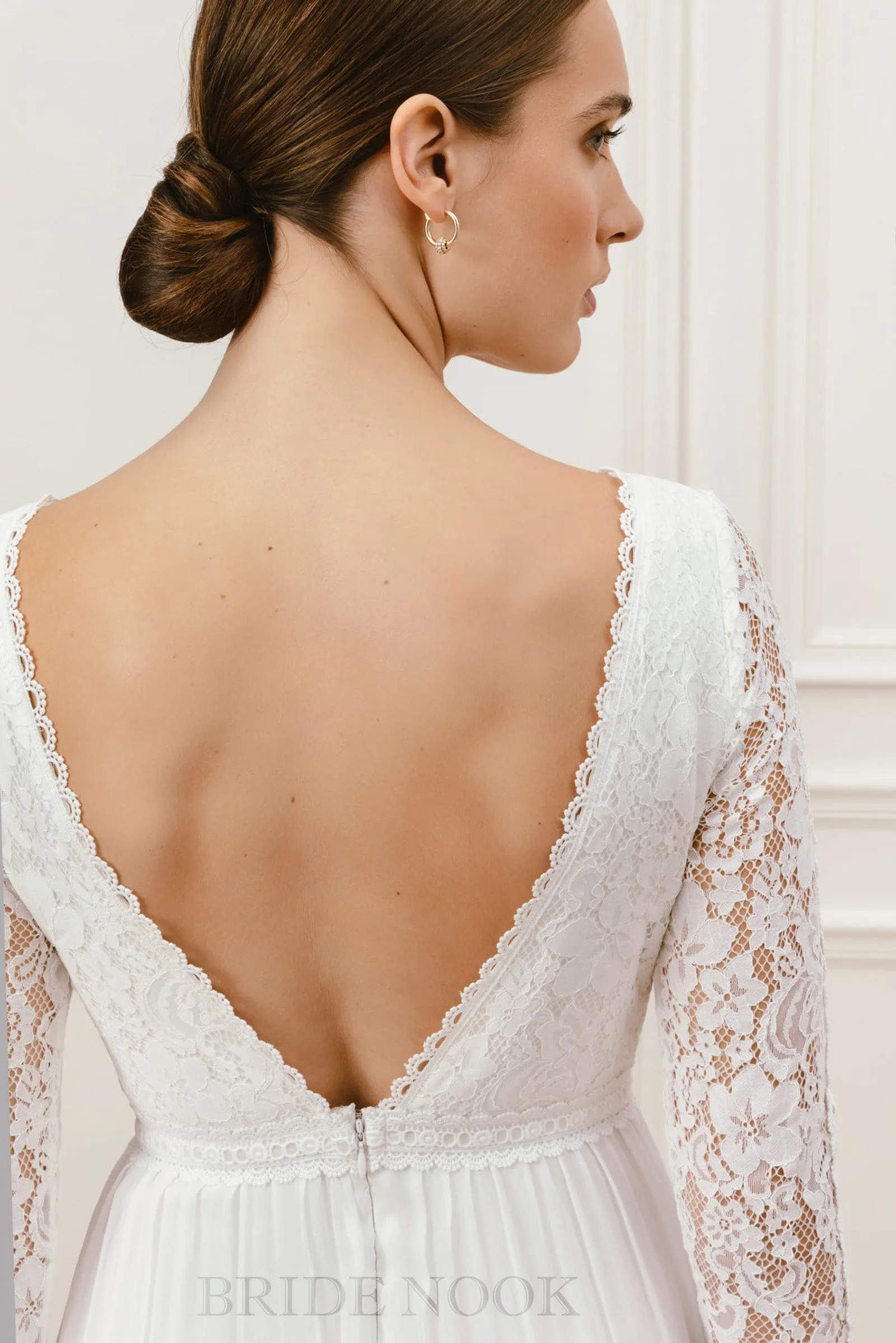 A-Line long Sleeves Boat Neck Lace Wedding Dress With Open Back