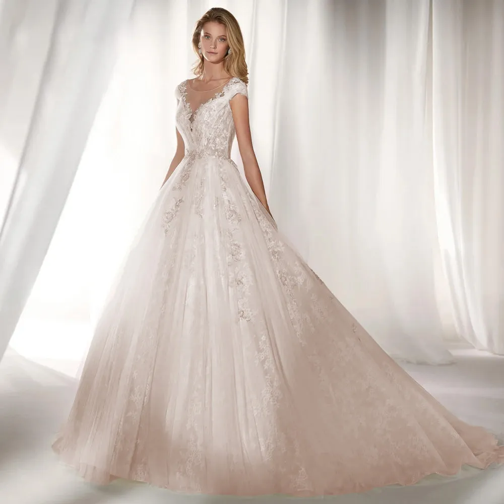 A-Line Wedding Dress Luxury Appliques Beaded Cap Sleeve Court Train Pleat Bride Gown
