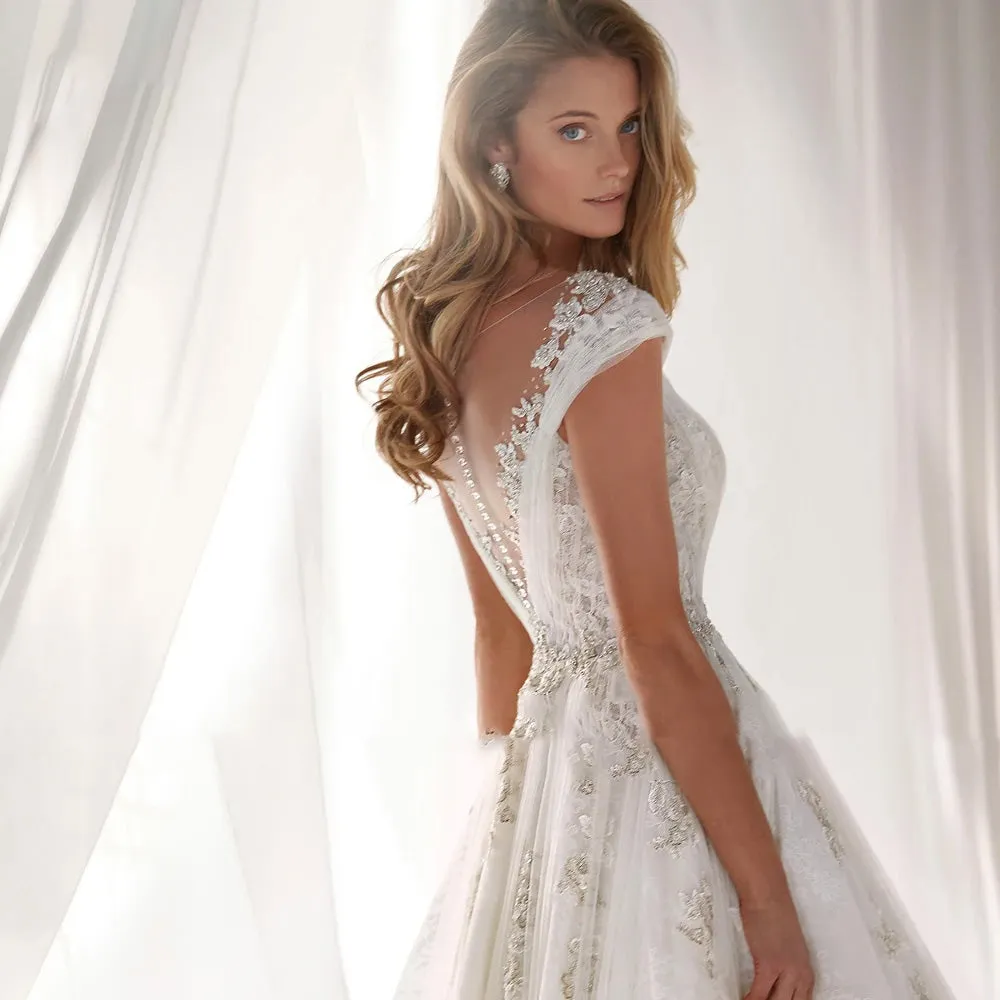 A-Line Wedding Dress Luxury Appliques Beaded Cap Sleeve Court Train Pleat Bride Gown