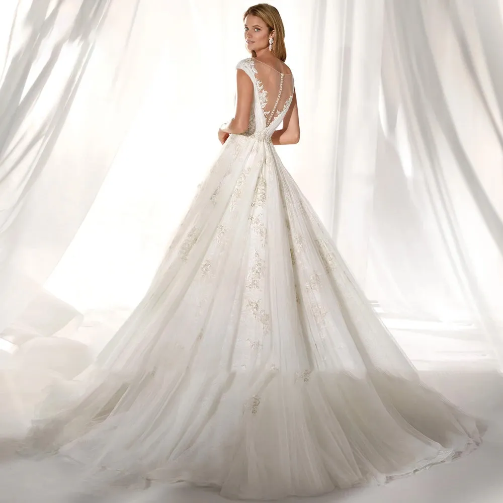 A-Line Wedding Dress Luxury Appliques Beaded Cap Sleeve Court Train Pleat Bride Gown