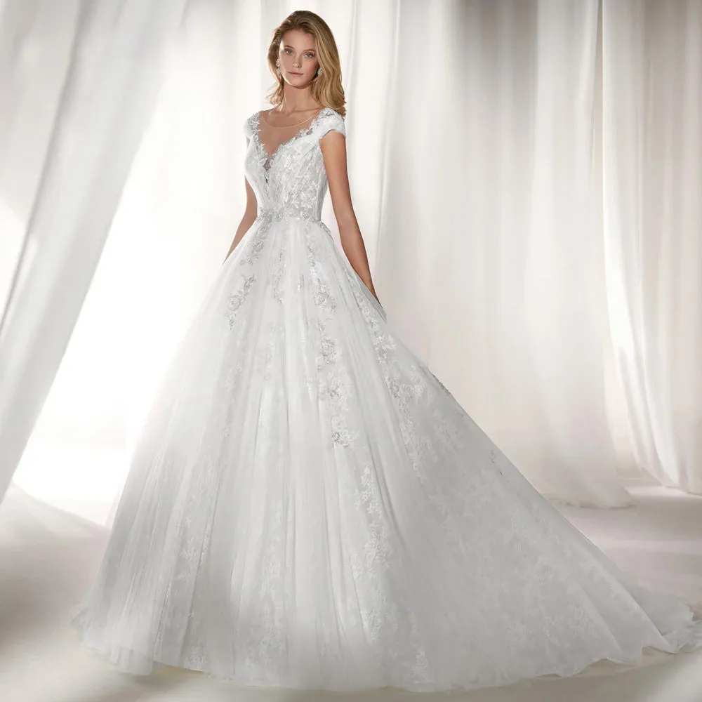 A-Line Wedding Dress Luxury Appliques Beaded Cap Sleeve Court Train Pleat Bride Gown