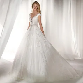 A-Line Wedding Dress Luxury Appliques Beaded Cap Sleeve Court Train Pleat Bride Gown