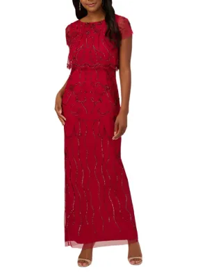Adrianna Papell boat neck cap sleeve scalloped popover zipper closure column skirt embellished mesh gown