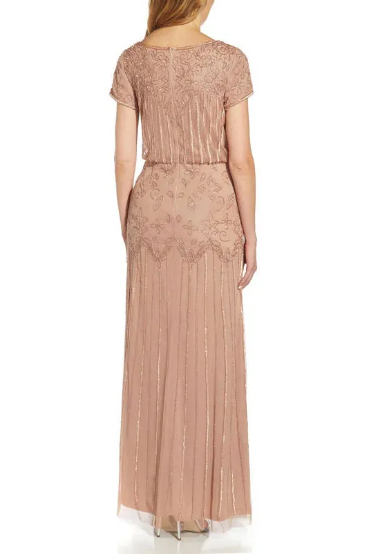 Adrianna Papell Boat Neck Short Sleeve Blouson Zipper Back Embellished Mesh Dress
