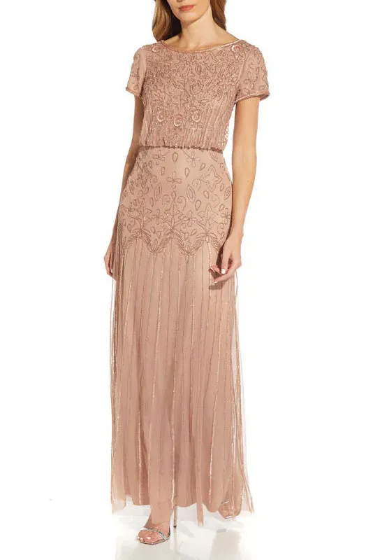 Adrianna Papell Boat Neck Short Sleeve Blouson Zipper Back Embellished Mesh Dress
