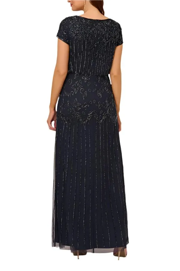 Adrianna Papell Boat Neck Short Sleeve Blouson Zipper Back Embellished Mesh Dress