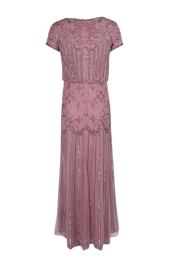 Adrianna Papell Boat Neck Short Sleeve Blouson Zipper Back Embellished Mesh Dress