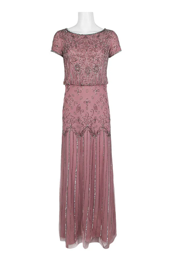 Adrianna Papell Boat Neck Short Sleeve Blouson Zipper Back Embellished Mesh Dress