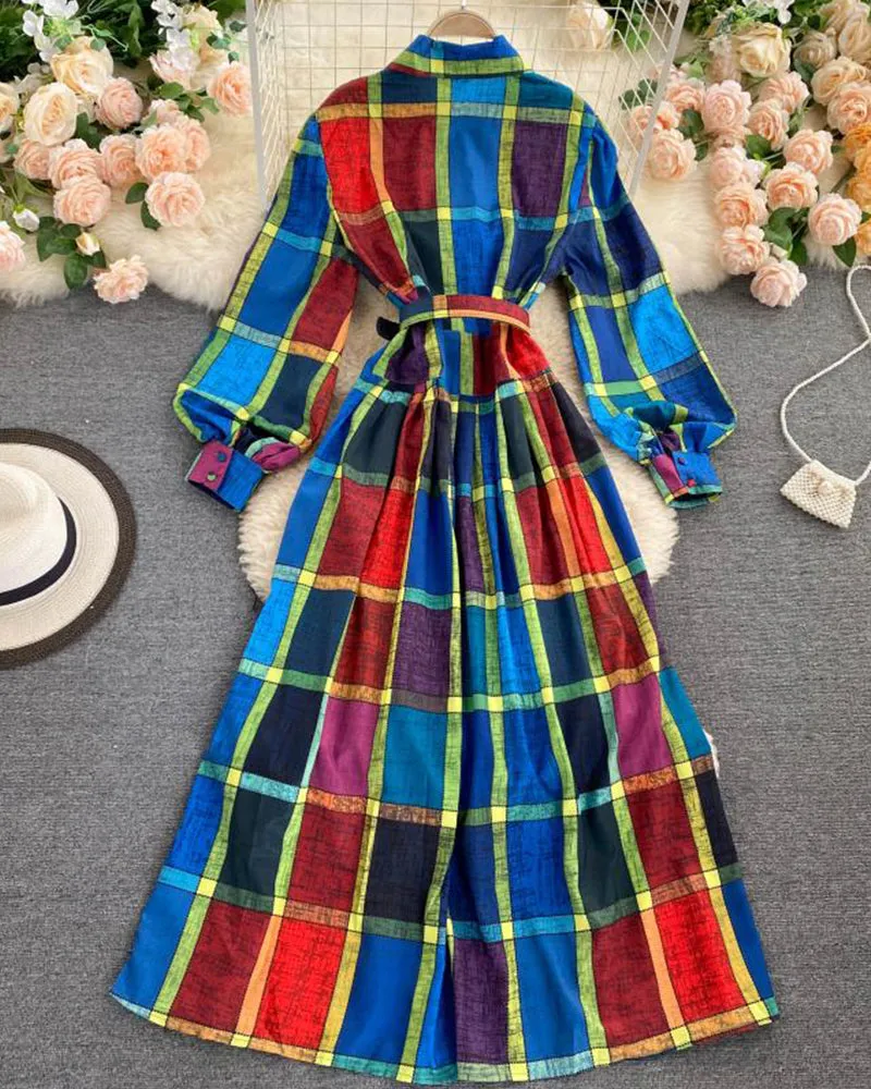 Amazing plaid long sleeve shirt dress fashion dress  1014