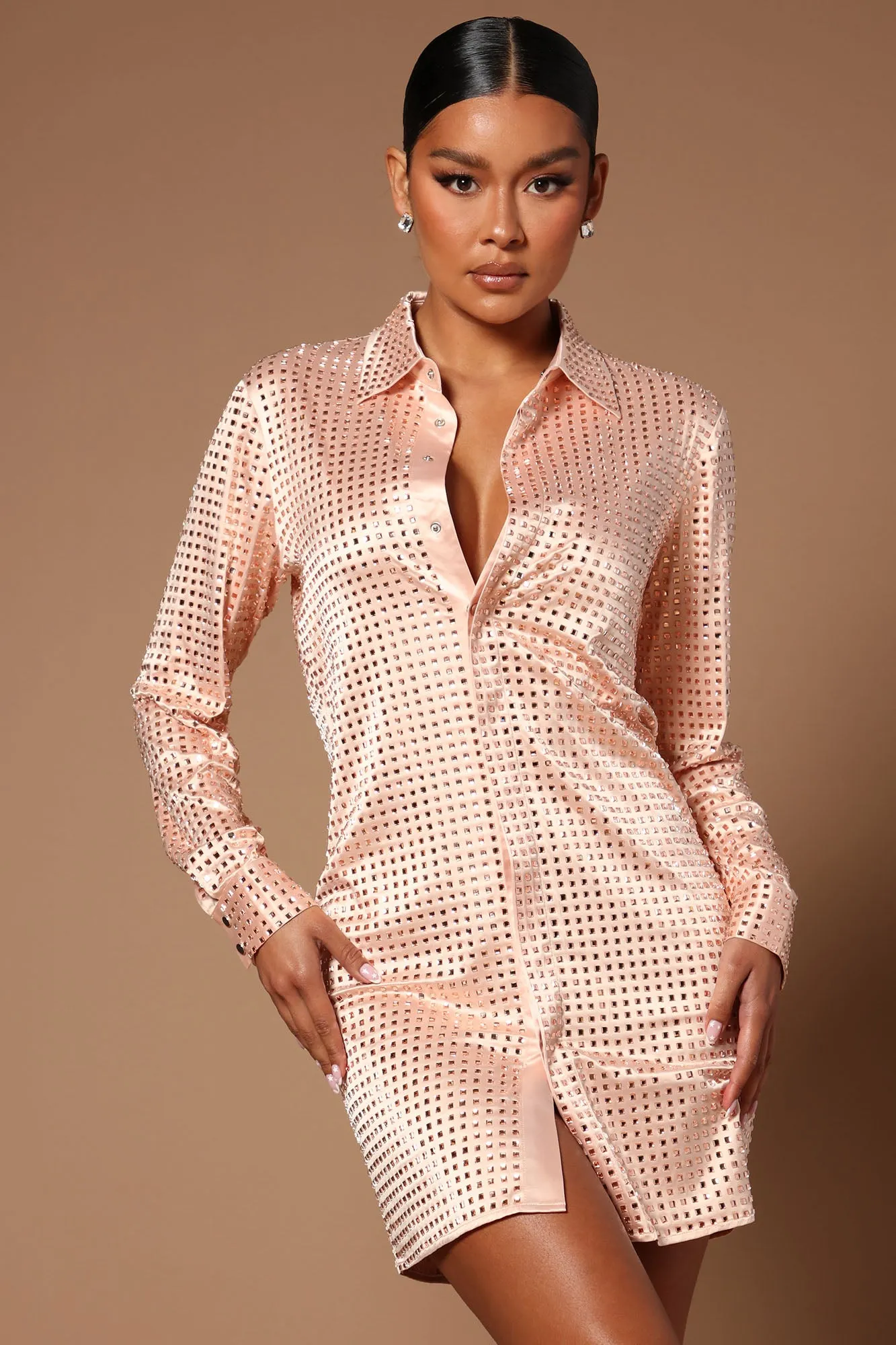 Azure Satin Shirt Dress - Nude