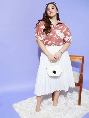 Berrylush Women Plus Size Brown & White Floral Printed Spread Collar Neck Batwing Sleeve Polyester Curved Hem Regular Shirt