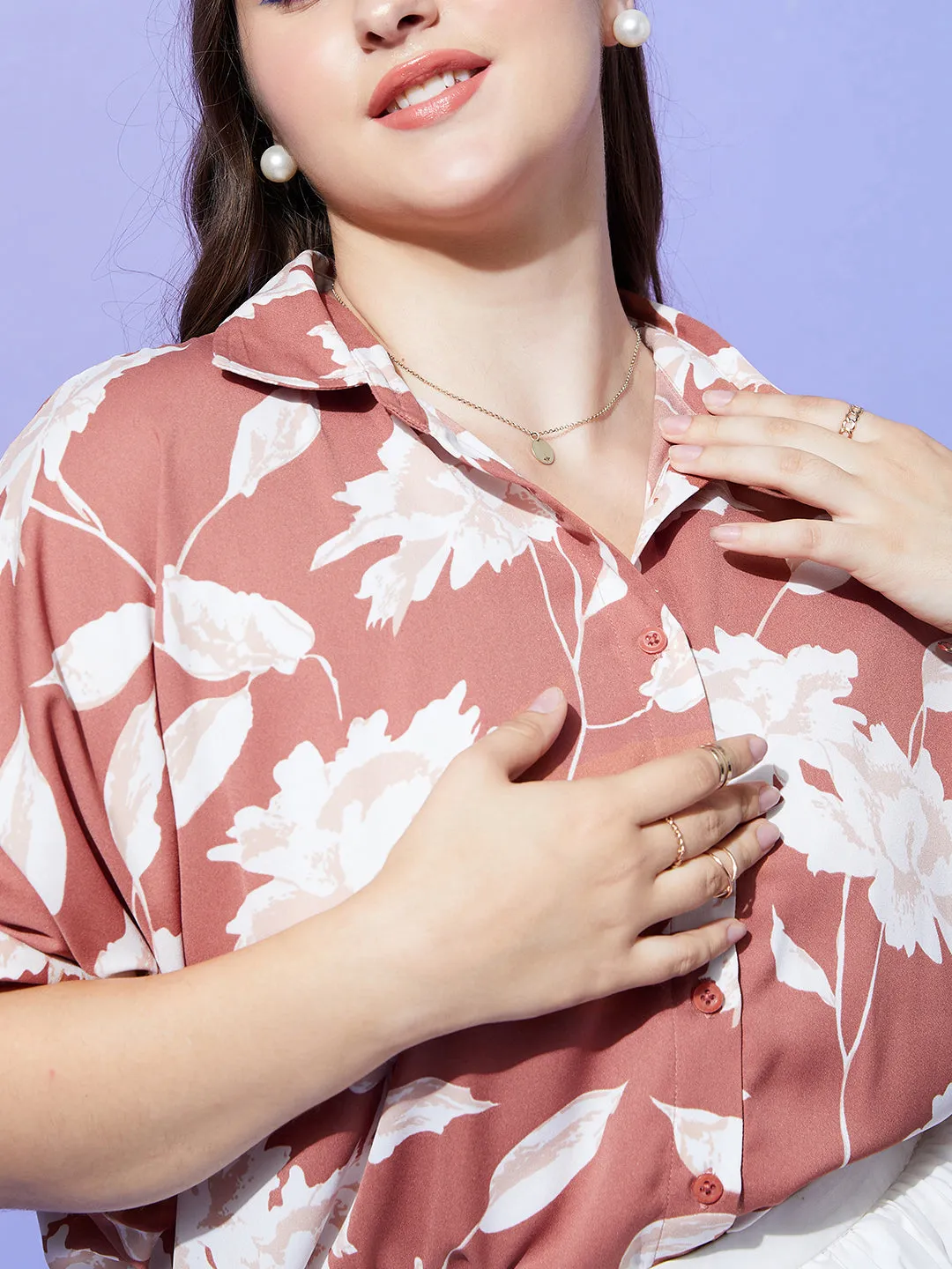 Berrylush Women Plus Size Brown & White Floral Printed Spread Collar Neck Batwing Sleeve Polyester Curved Hem Regular Shirt