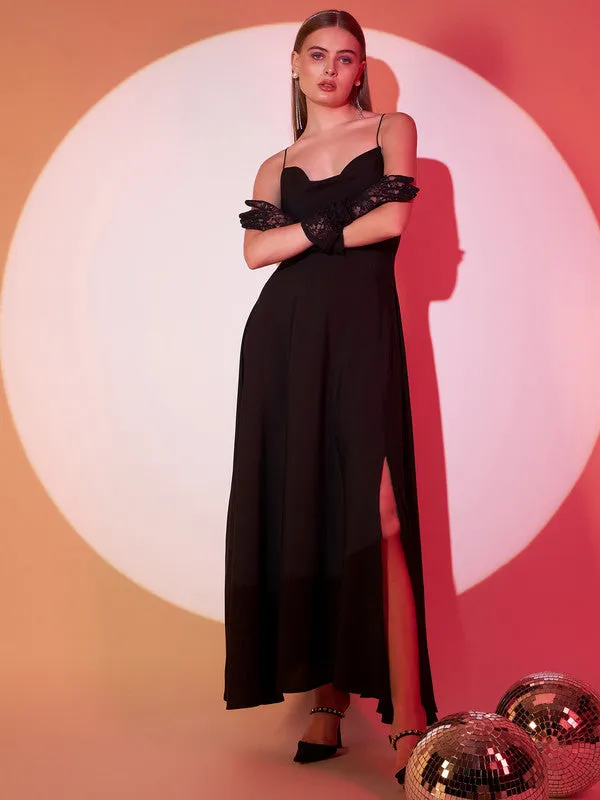 Berrylush Women Solid Black Cowl Neck Sleeveless Lace-Up Backless Thigh-High Slit Flared Maxi Dress