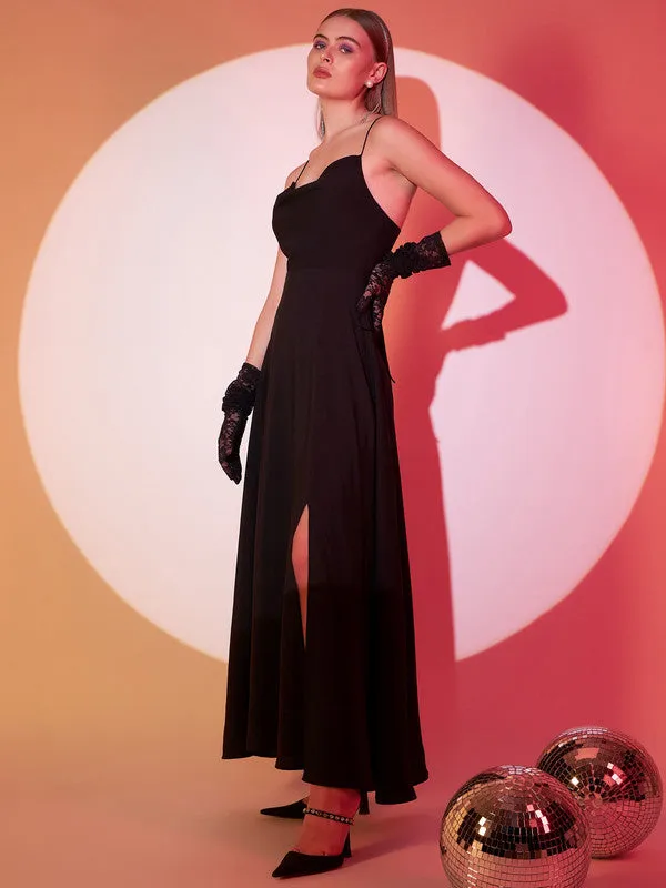 Berrylush Women Solid Black Cowl Neck Sleeveless Lace-Up Backless Thigh-High Slit Flared Maxi Dress