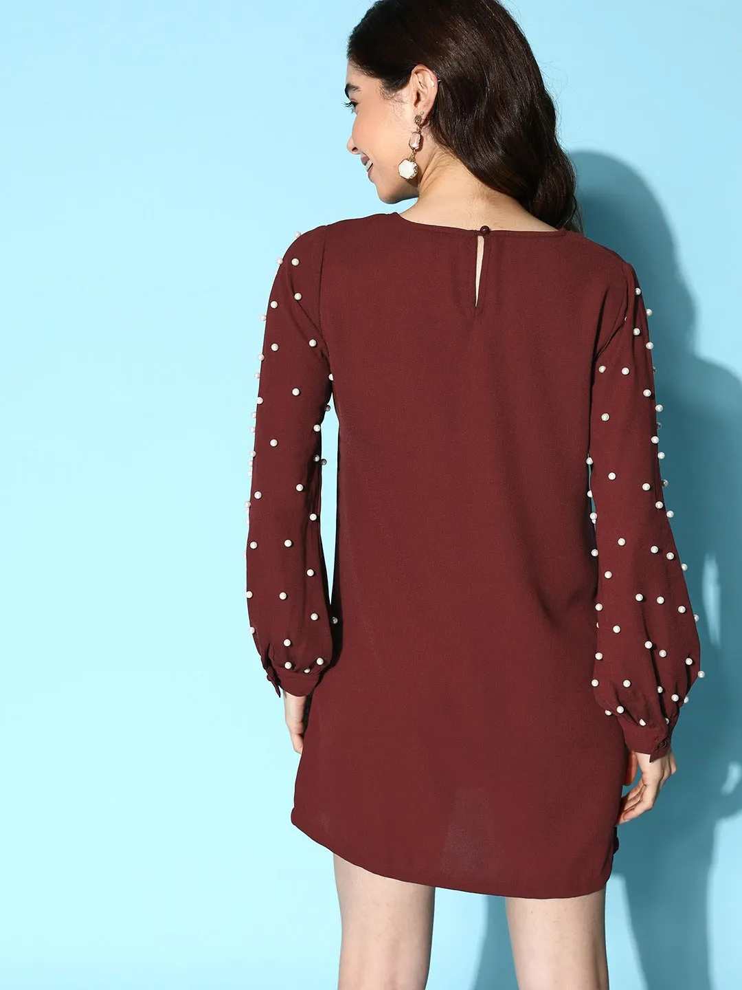 Berrylush Women Solid Maroon Round Neck Button-Up Straight Hem Embellished A-Line Mini Dress