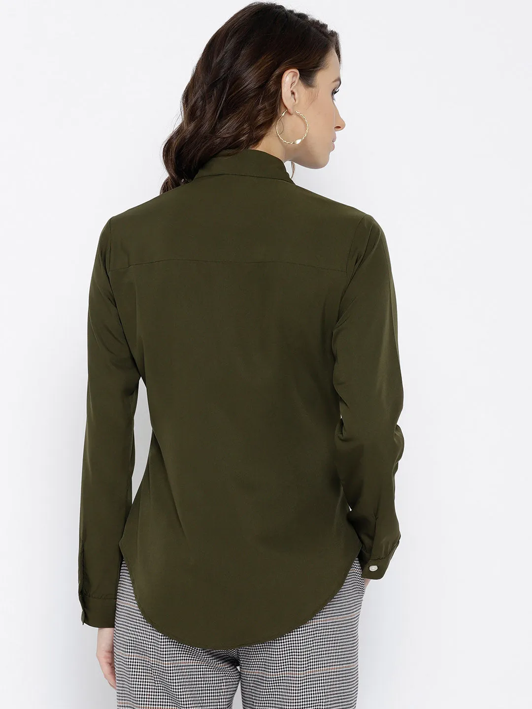 Berrylush Women Solid Olive Green Spread Collar Neck Button Placket Curved Regular Shirt