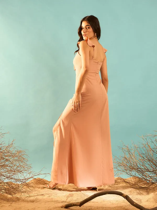Berrylush Women Solid Peach Sweetheart Neck Front Tie-Up Cutout Thigh-High Slit Ruched Maxi Dress