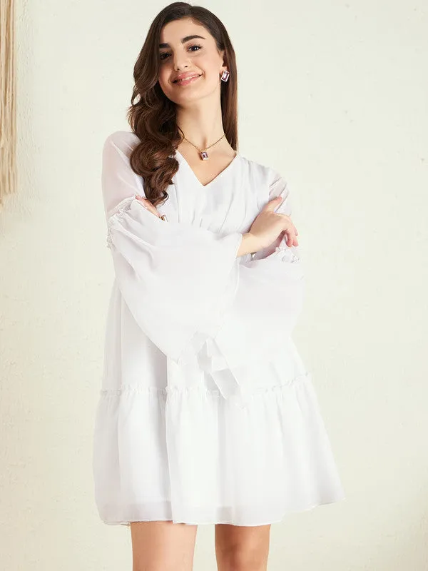 Berrylush Women Solid White V-Neck Bishop Sleeves Back Zipper Ruffled A-Line Mini Dress