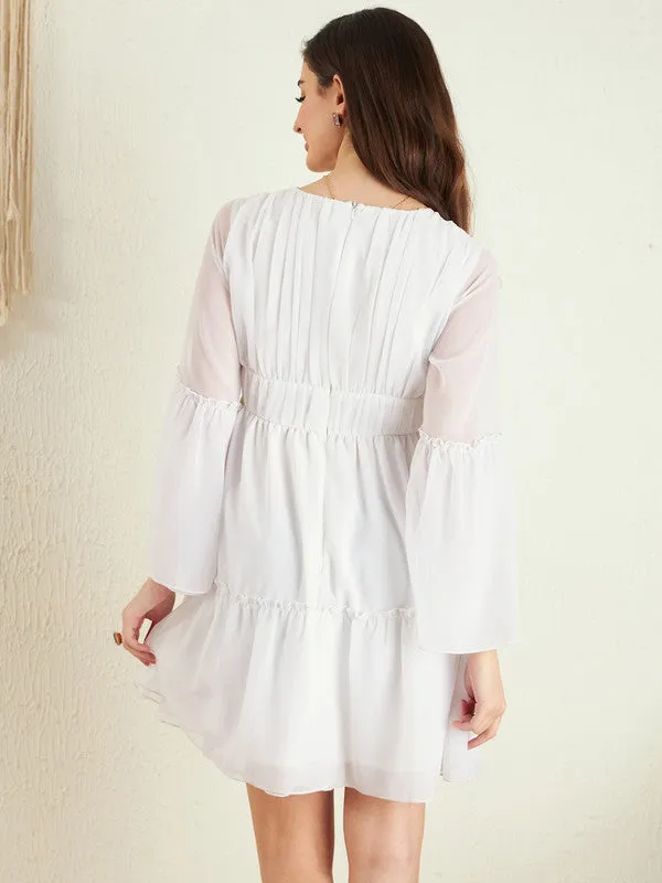 Berrylush Women Solid White V-Neck Bishop Sleeves Back Zipper Ruffled A-Line Mini Dress