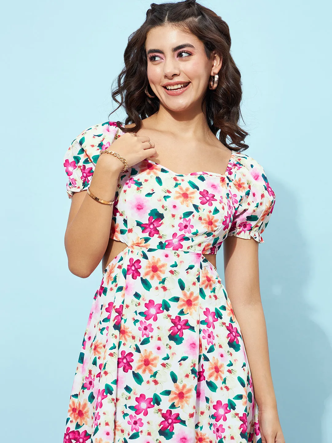 Berrylush Women White & Pink Floral Printed Sweetheart Neck Puff Sleeves Cutout Waist Straight Hem Fit & Flare Mini Dress