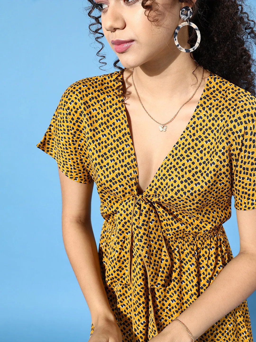 Berrylush Women Yellow Animal Printed Crepe A-Line Mini Dress