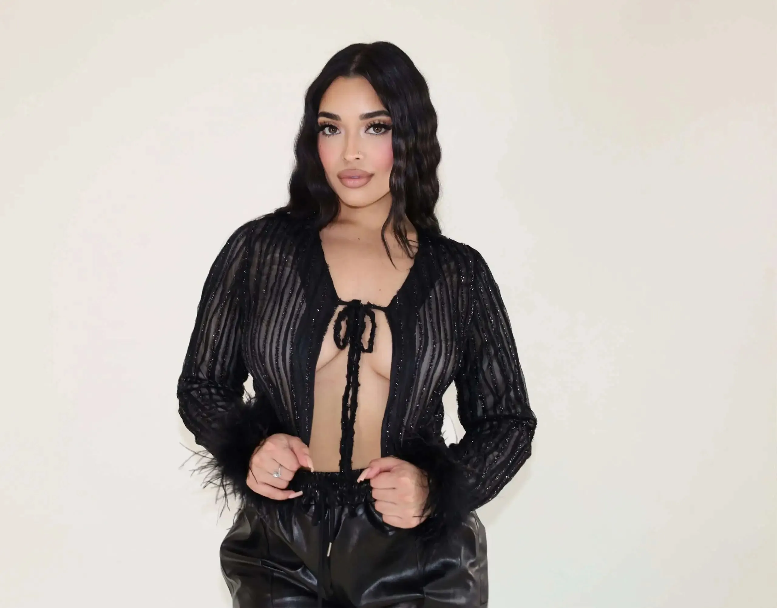 Black Glitter Cardigan with Feather Sleeve Trim
