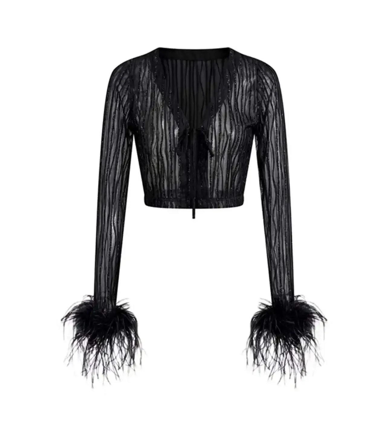 Black Glitter Cardigan with Feather Sleeve Trim