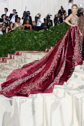 Blake Lively Burgundy Dazzling Long Train 2018 Met Gala Dress