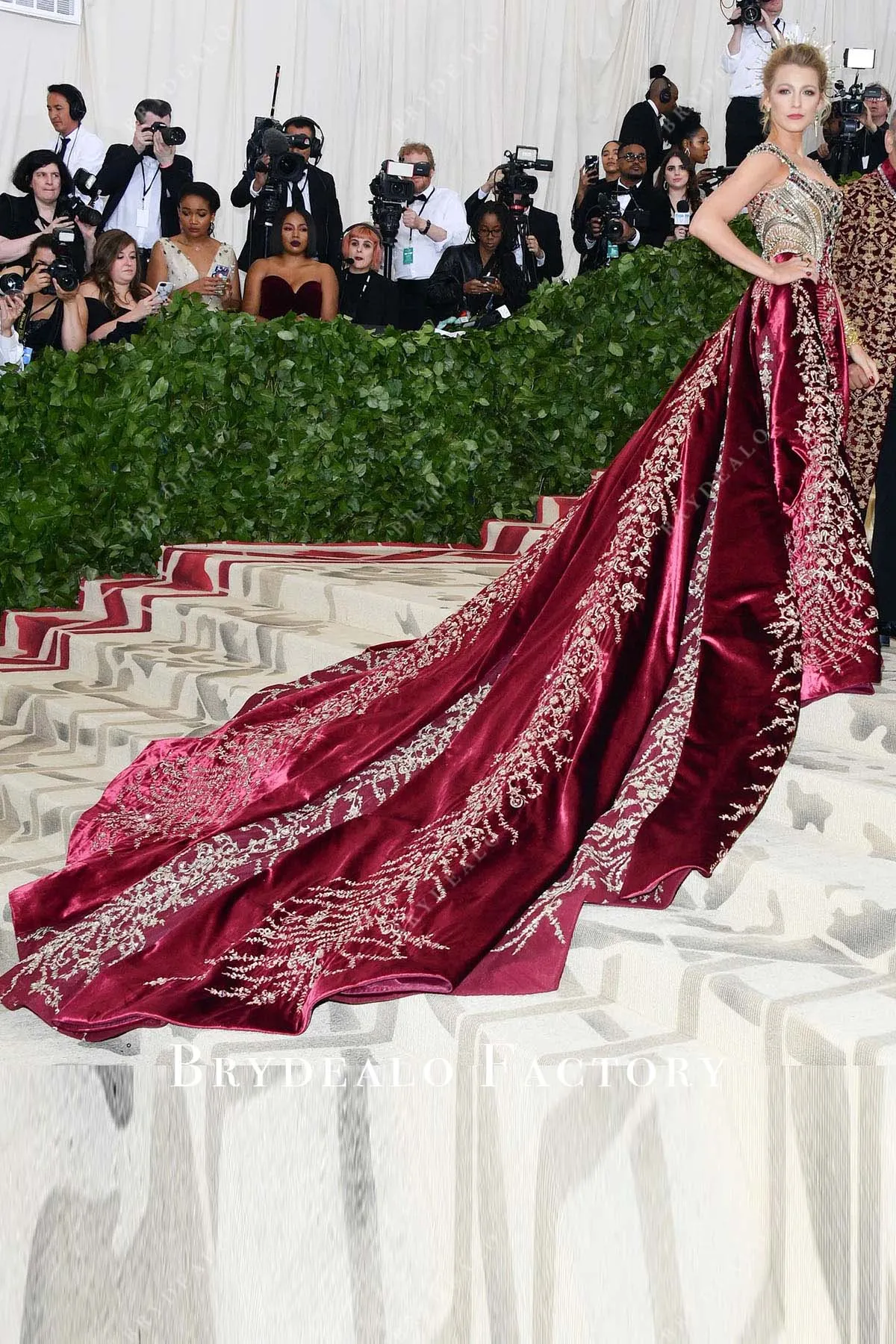 Blake Lively Burgundy Dazzling Long Train 2018 Met Gala Dress