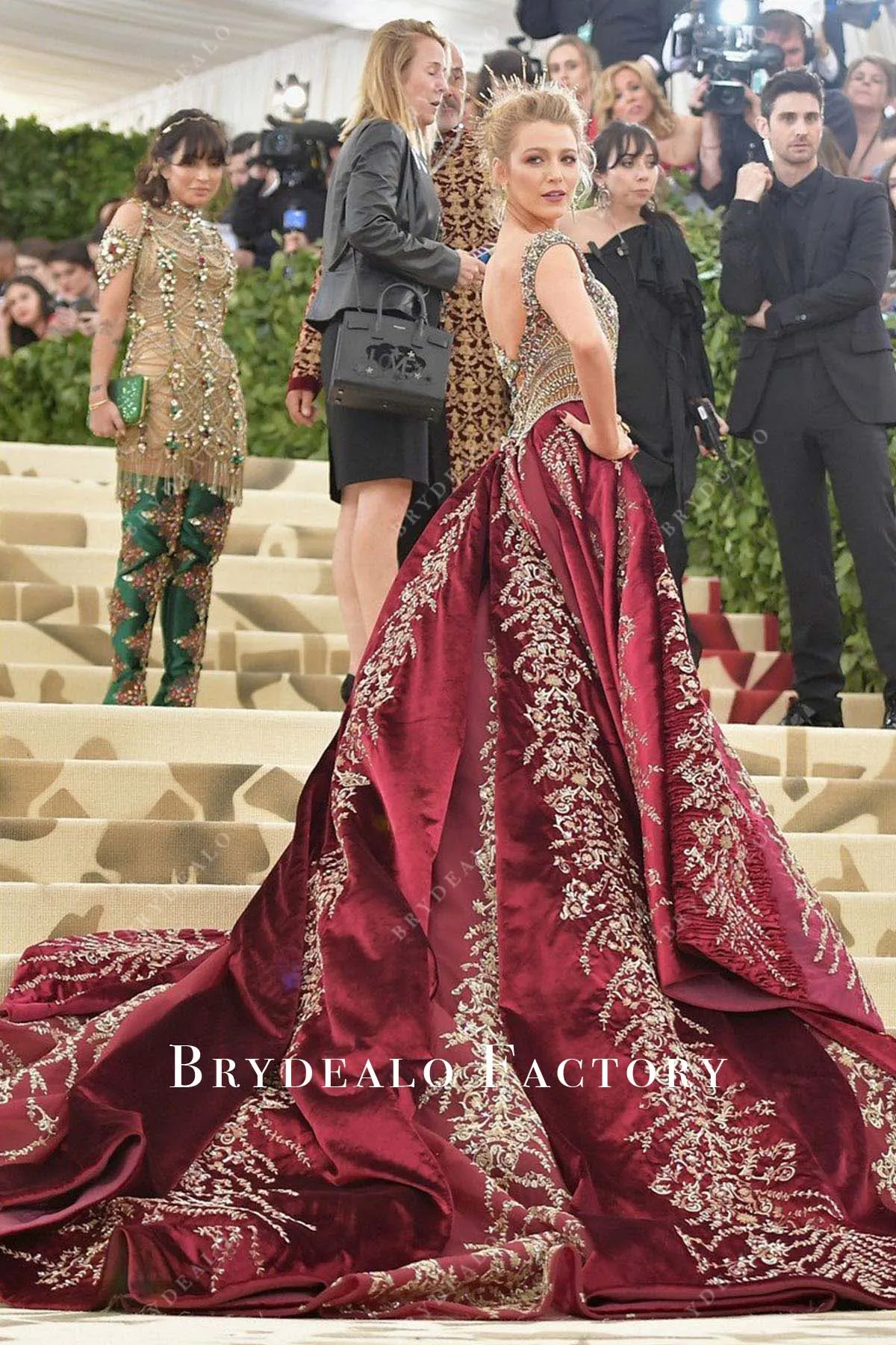 Blake Lively Burgundy Dazzling Long Train 2018 Met Gala Dress