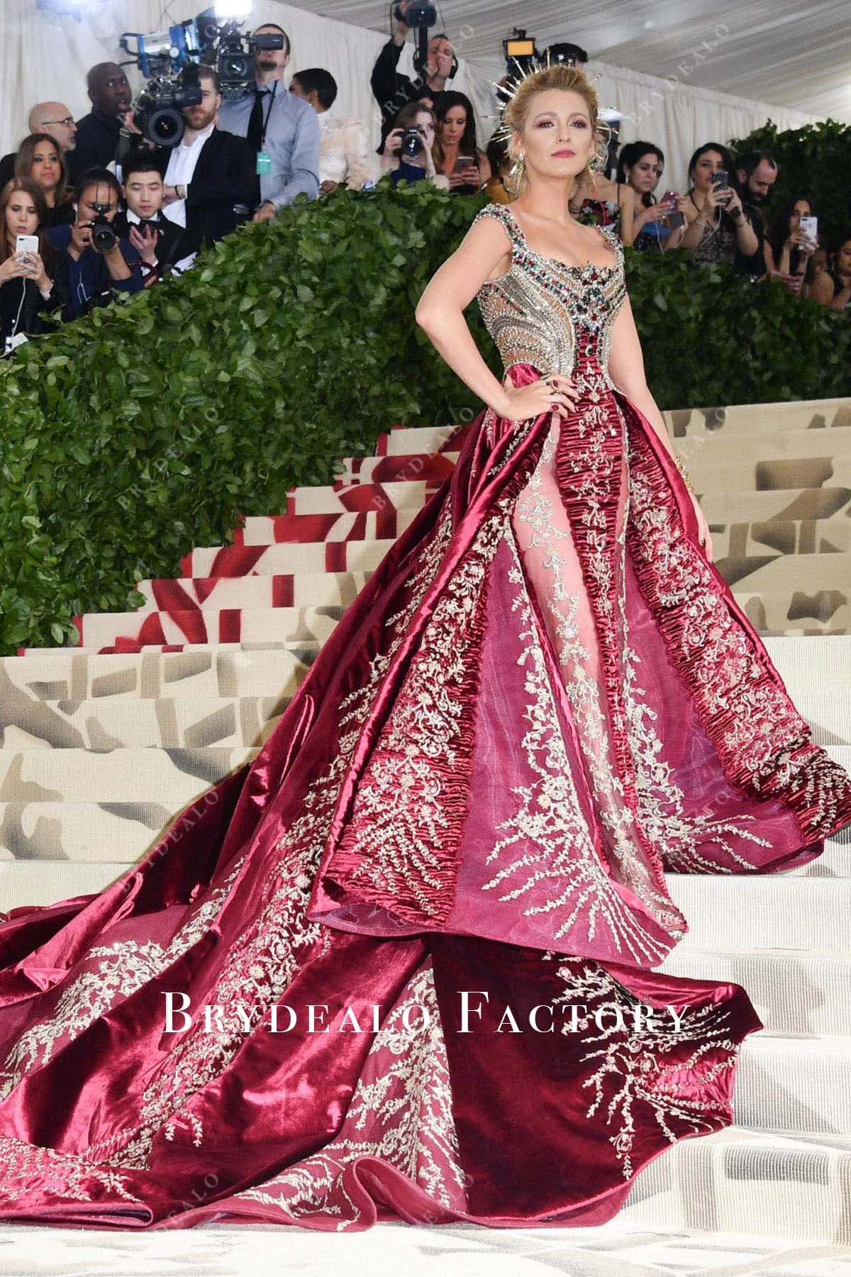 Blake Lively Burgundy Dazzling Long Train 2018 Met Gala Dress