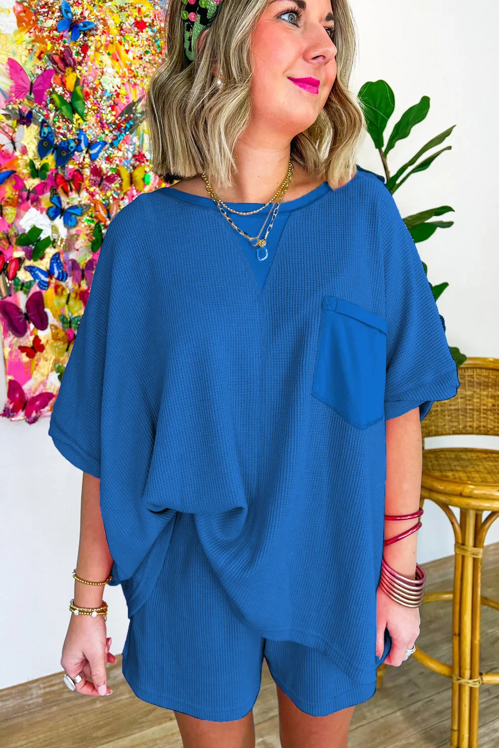 Blue Waffle Knit Lounge Set