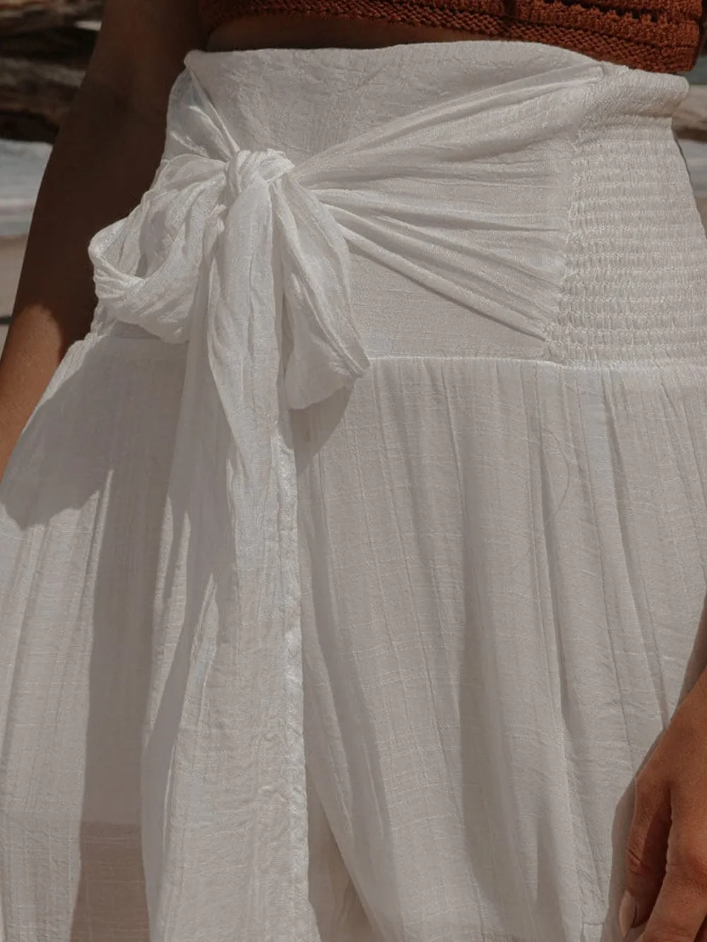 Bohemian White Smocked High Rise Wide Leg Trousers