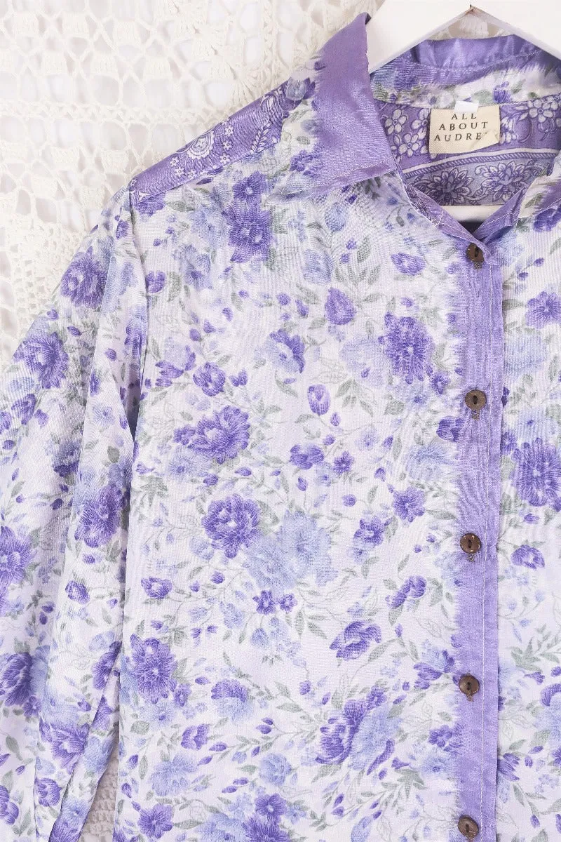 Bonnie Shirt Dress - Vintage Indian Sari - Lavender & Sage Wildflower (M/L)