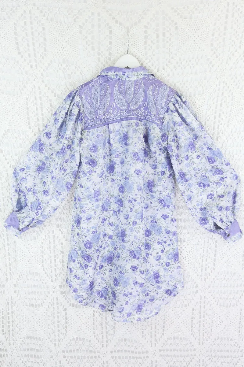 Bonnie Shirt Dress - Vintage Indian Sari - Lavender & Sage Wildflower (M/L)