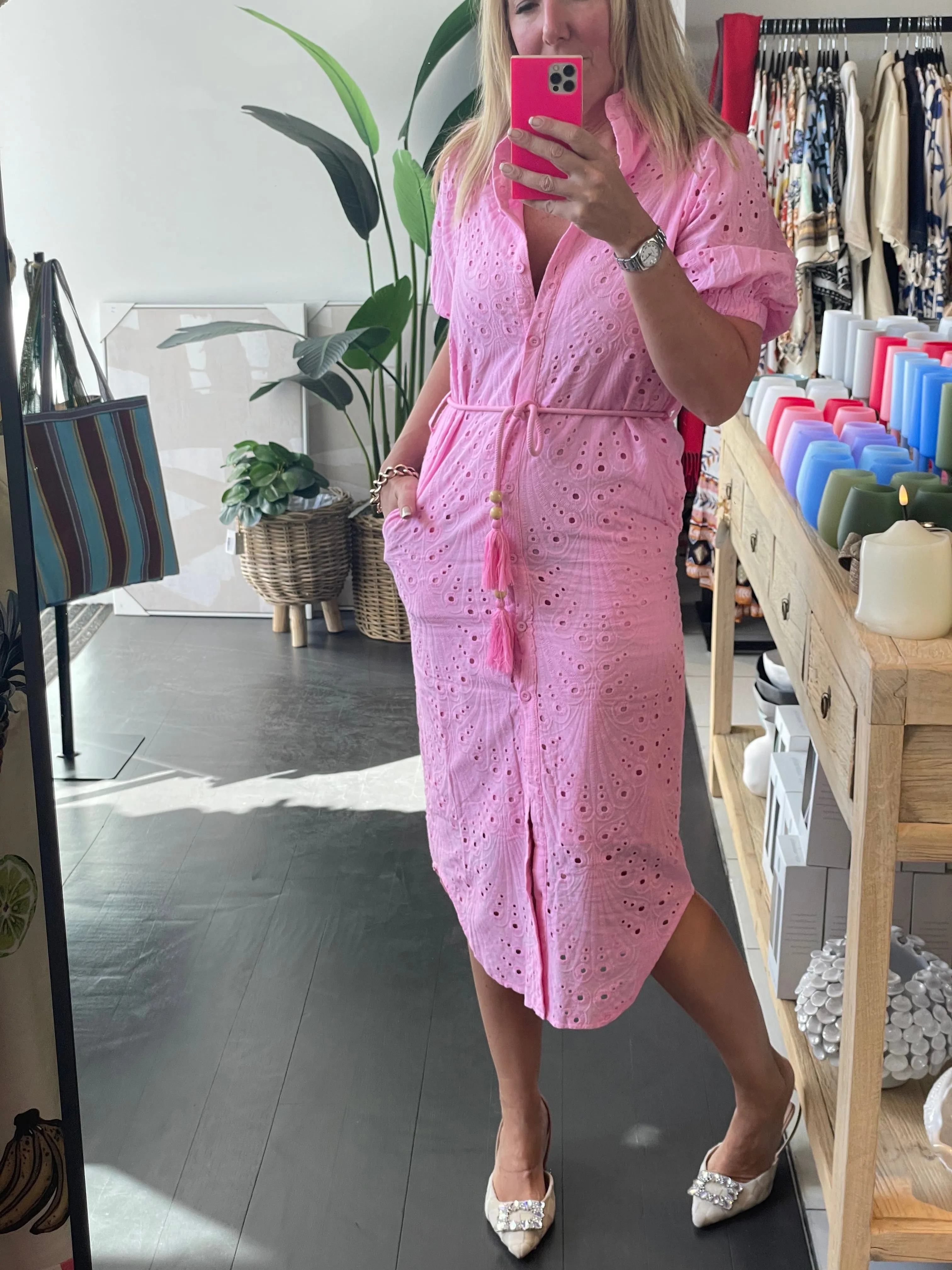 Broderie Anglaise Shirt Dress - pink