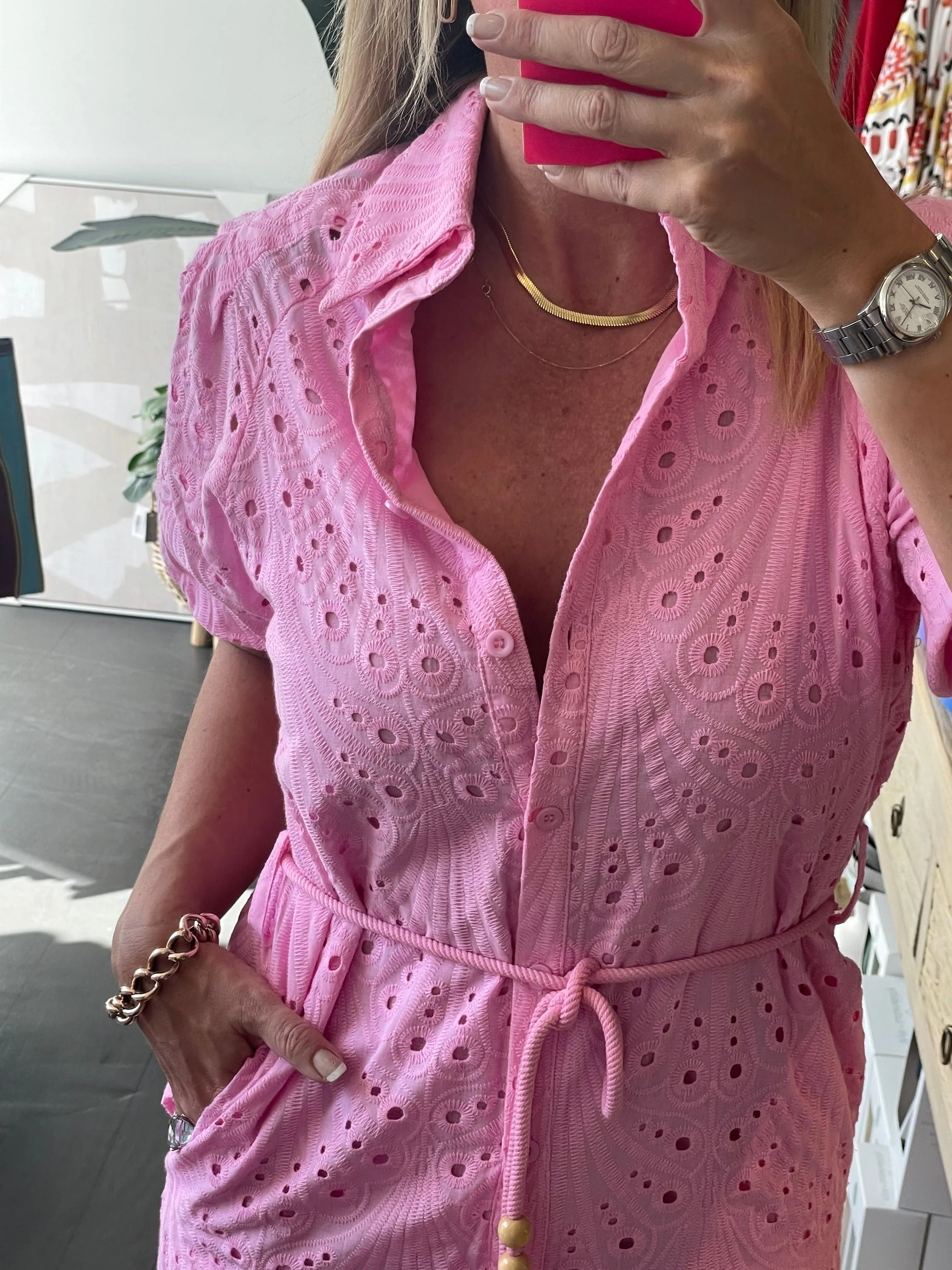 Broderie Anglaise Shirt Dress - pink