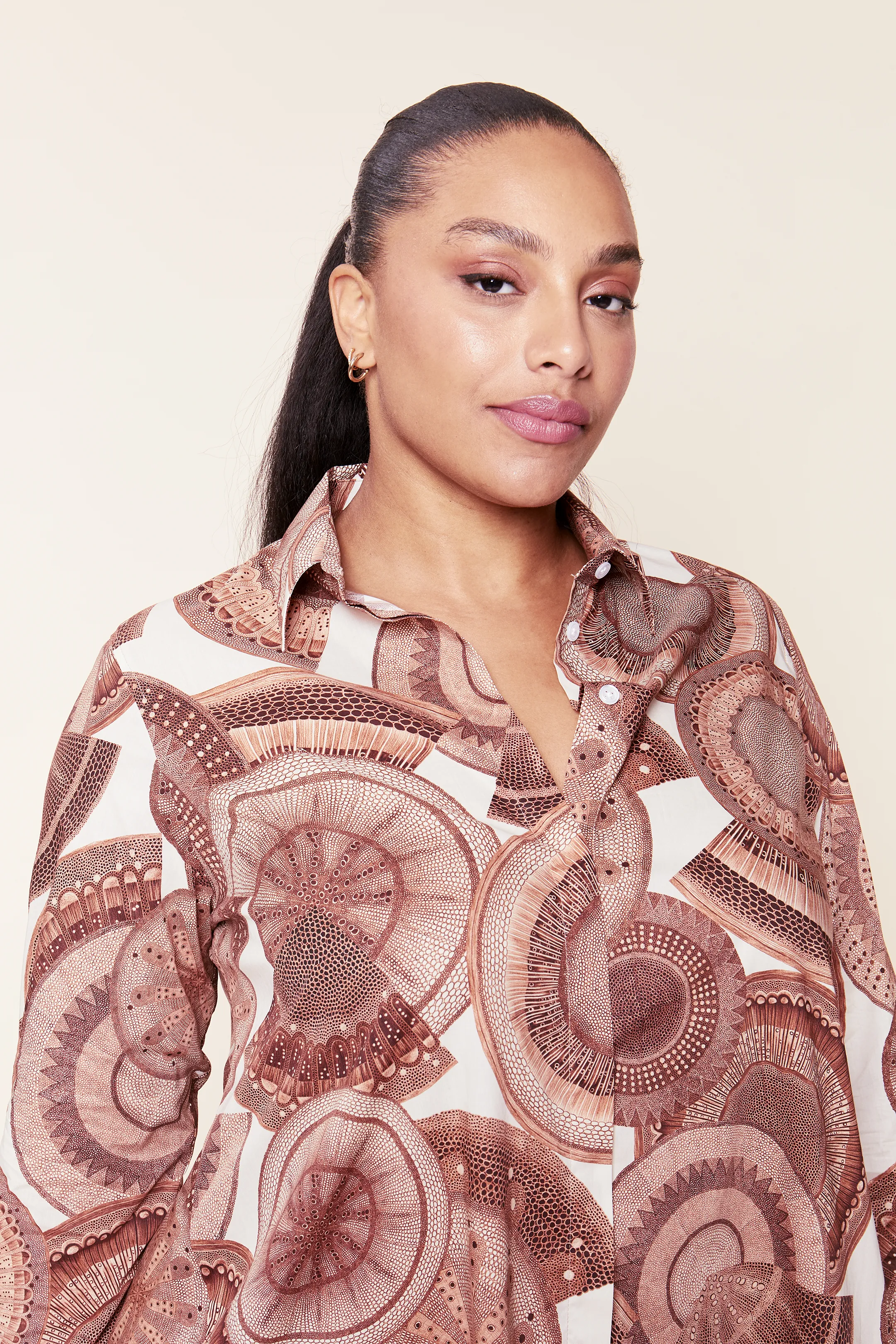 Brown Microscopic Flora Cotton Shirt Dress