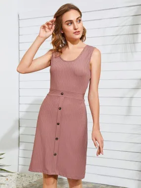 Button Front Rib-knit Fitted Dress