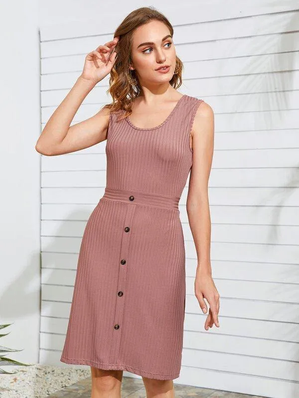 Button Front Rib-knit Fitted Dress