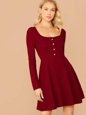 Button Front Rib-knit Solid Dress