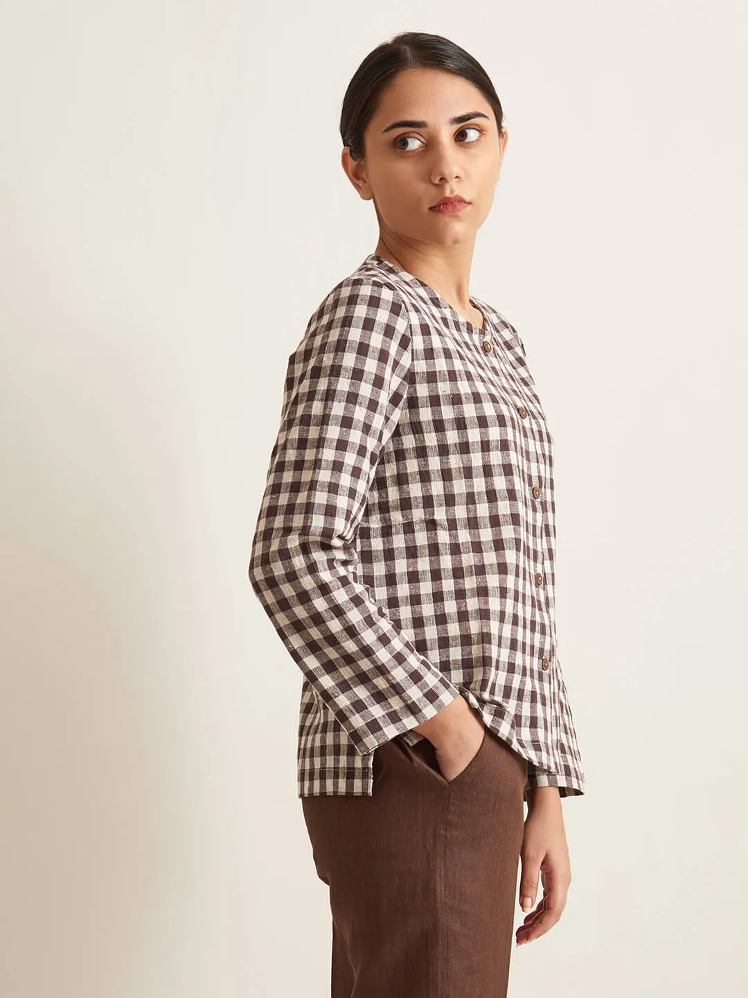 Collarless checkered shirt