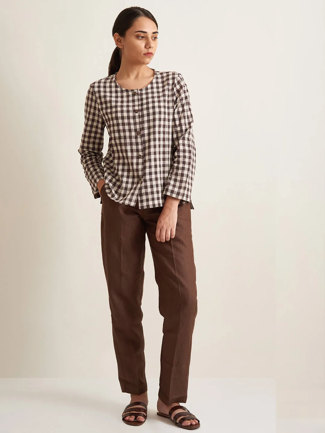 Collarless checkered shirt