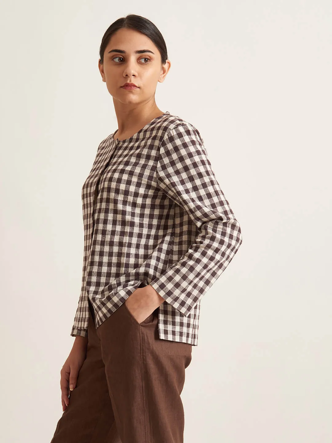 Collarless checkered shirt